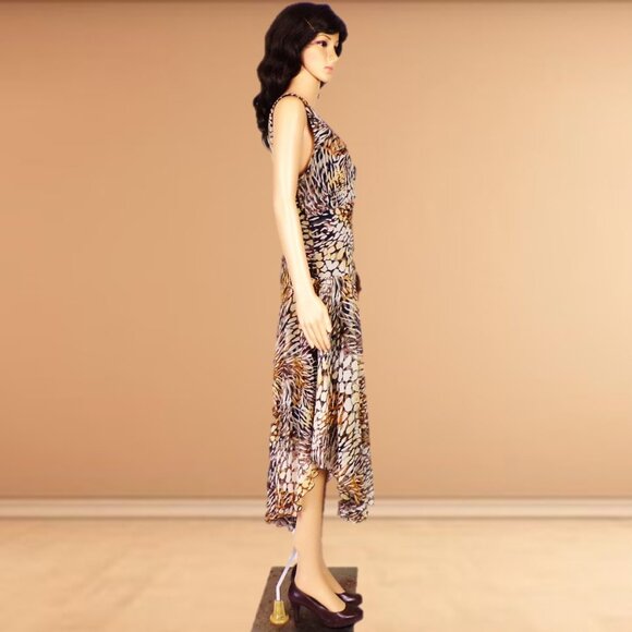 CHRIS McLAUGHLIN size 10 silk-like earth-tone sleeveless fit/flare maxi dress - Picture 3 of 11